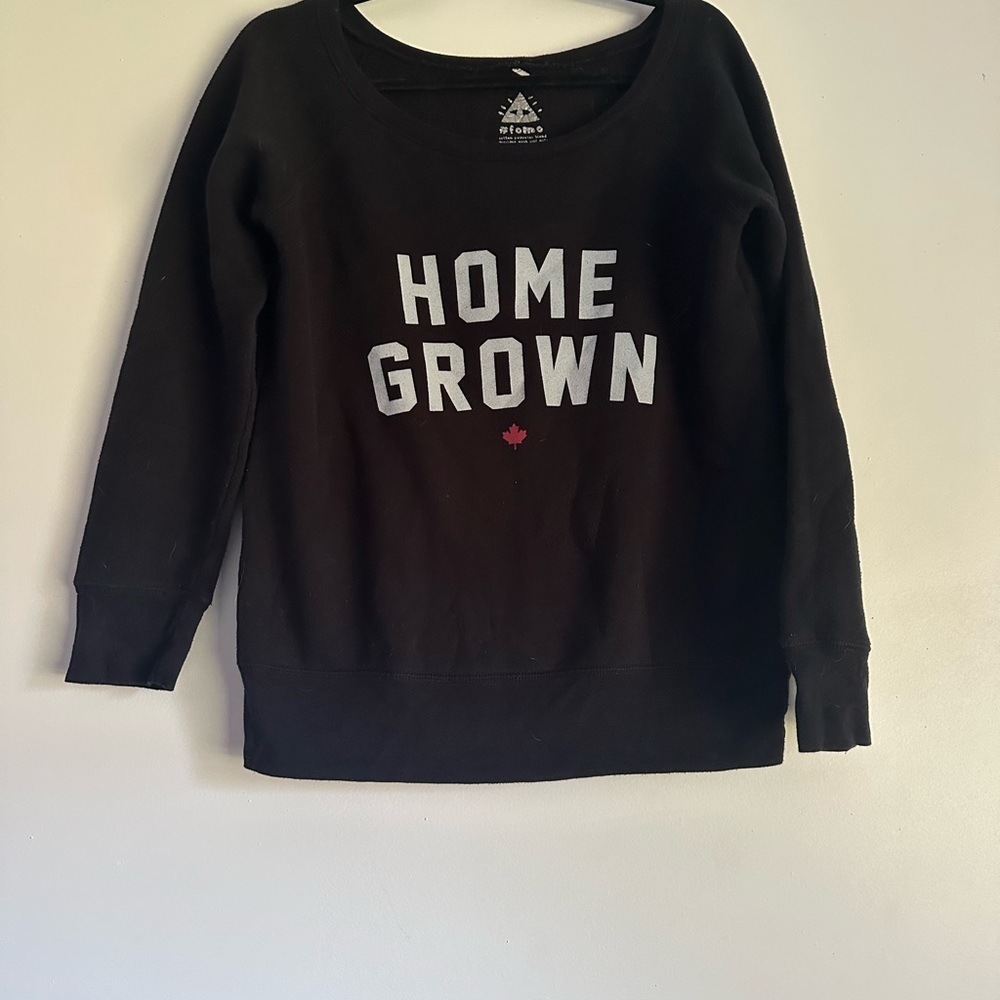 Size large “Home Grown” Black Sweater with red maple leaf